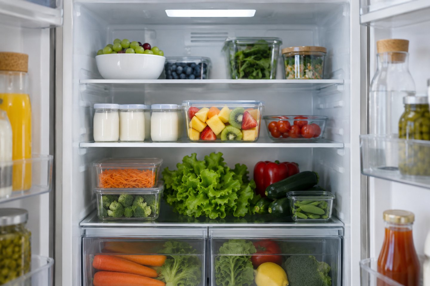 Nevera abierta con fruta cortada y yogures a la altura de la vista
