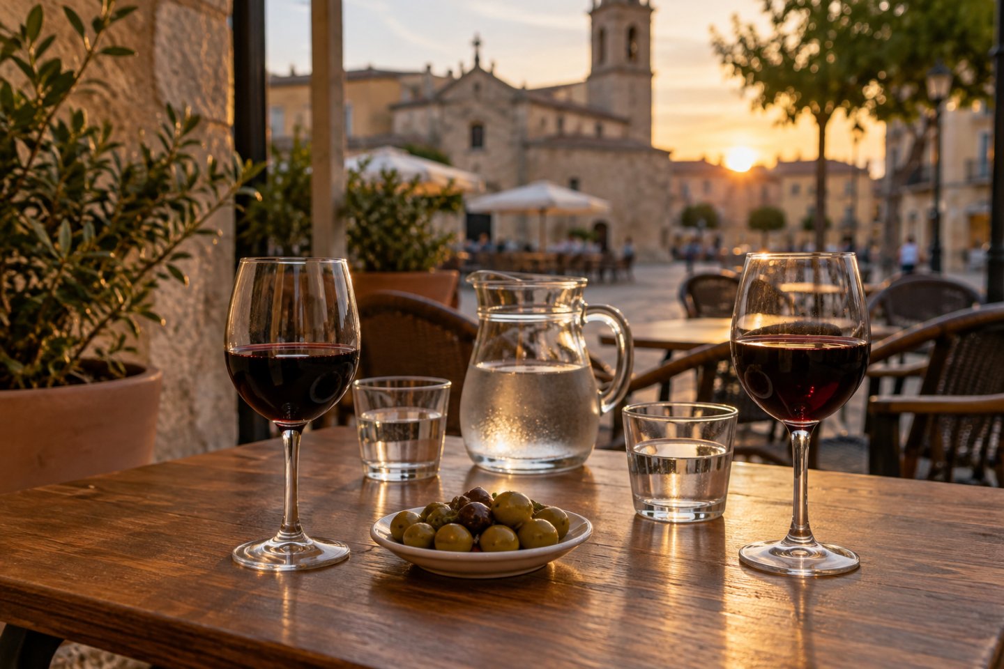 Mesa de terraza con dos copas de vino y una jarra de agua