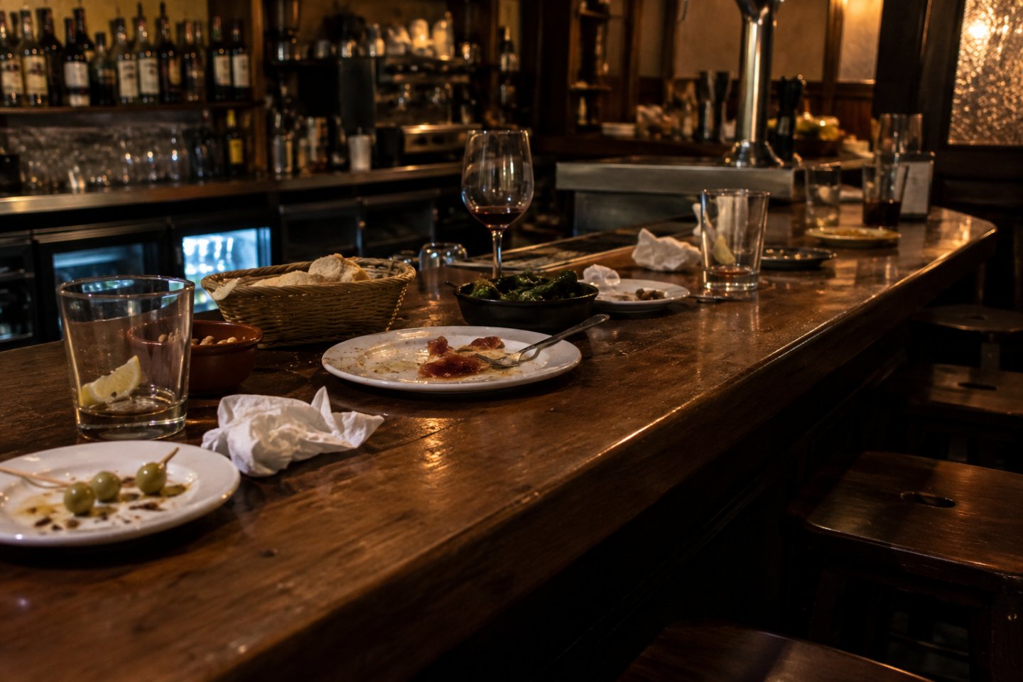 Barra de bar con platos de picoteo a medias al final de la noche