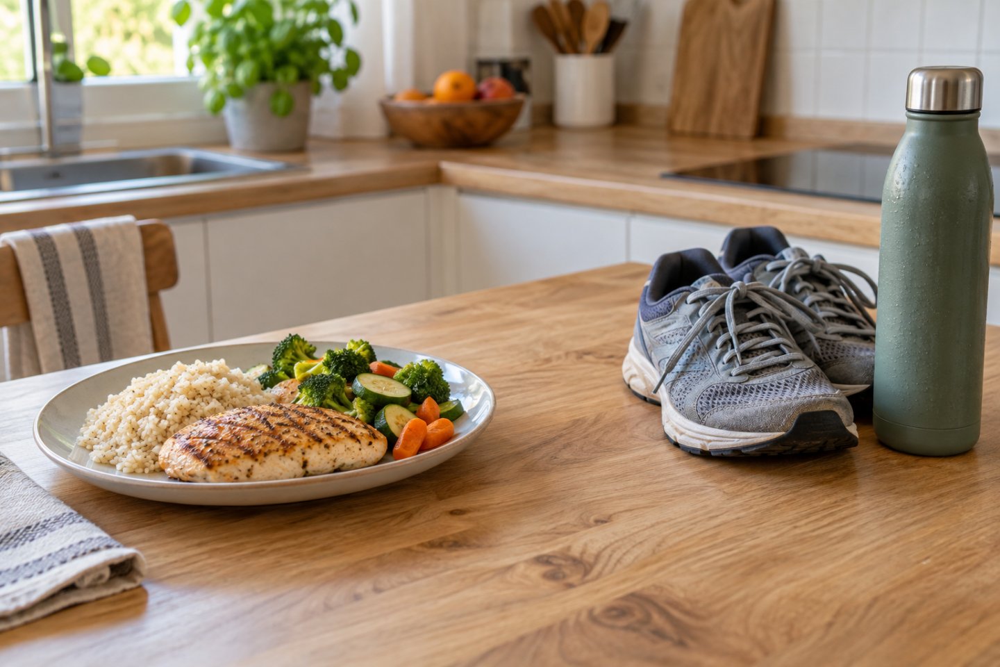 Encimera con una comida completa servida y, al lado, unas zapatillas de deporte y una botella de agua