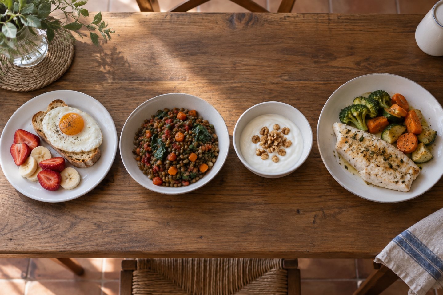 Cuatro platos pequeños alineados sobre una mesa: desayuno, comida, merienda y cena