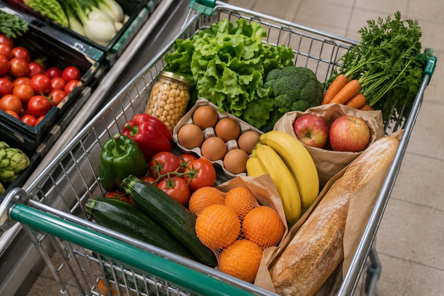Carro de la compra lleno de fruta y verdura en la zona de frescos de un supermercado