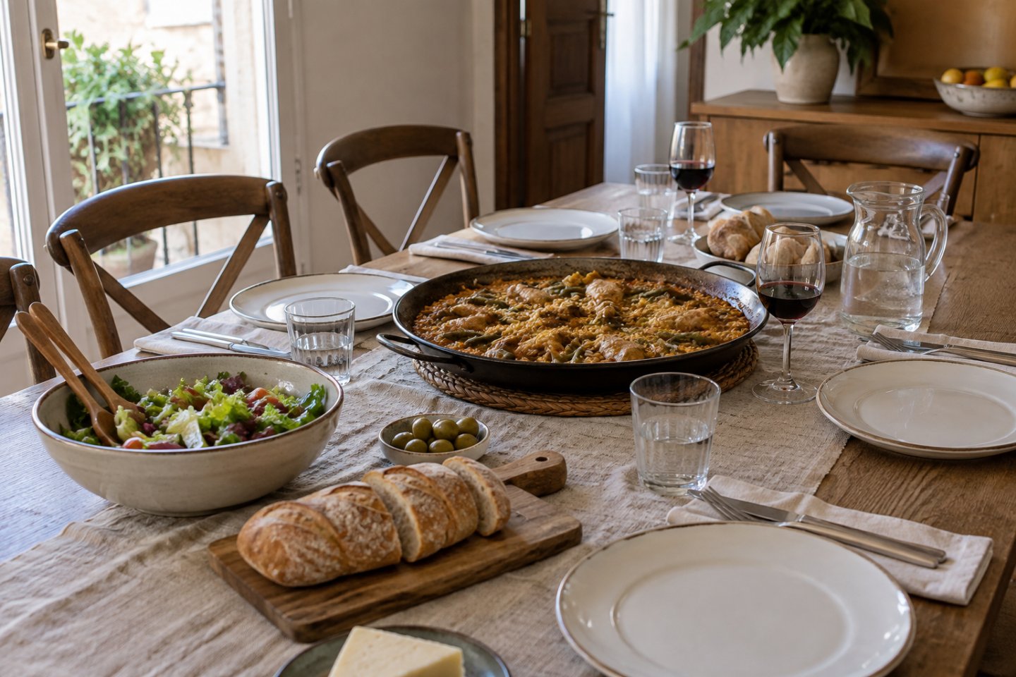Comida de domingo en familia servida en una mesa grande