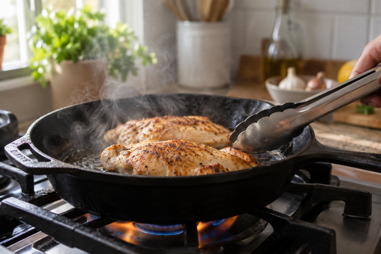 Pechuga de pollo cocinándose en una sartén con vapor