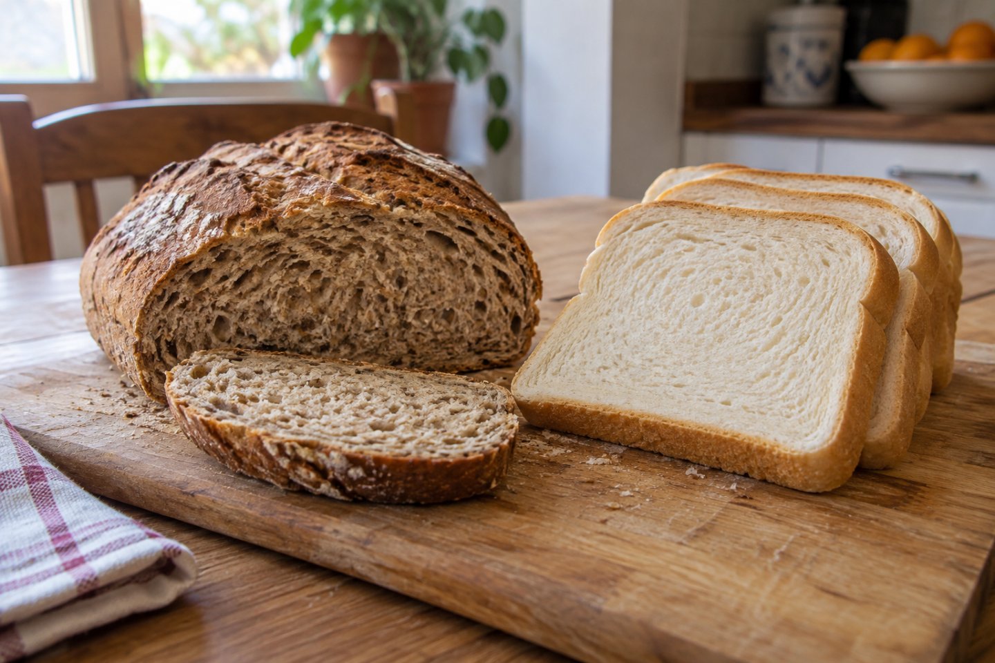 Pan integral de hogaza junto a pan de molde blanco
