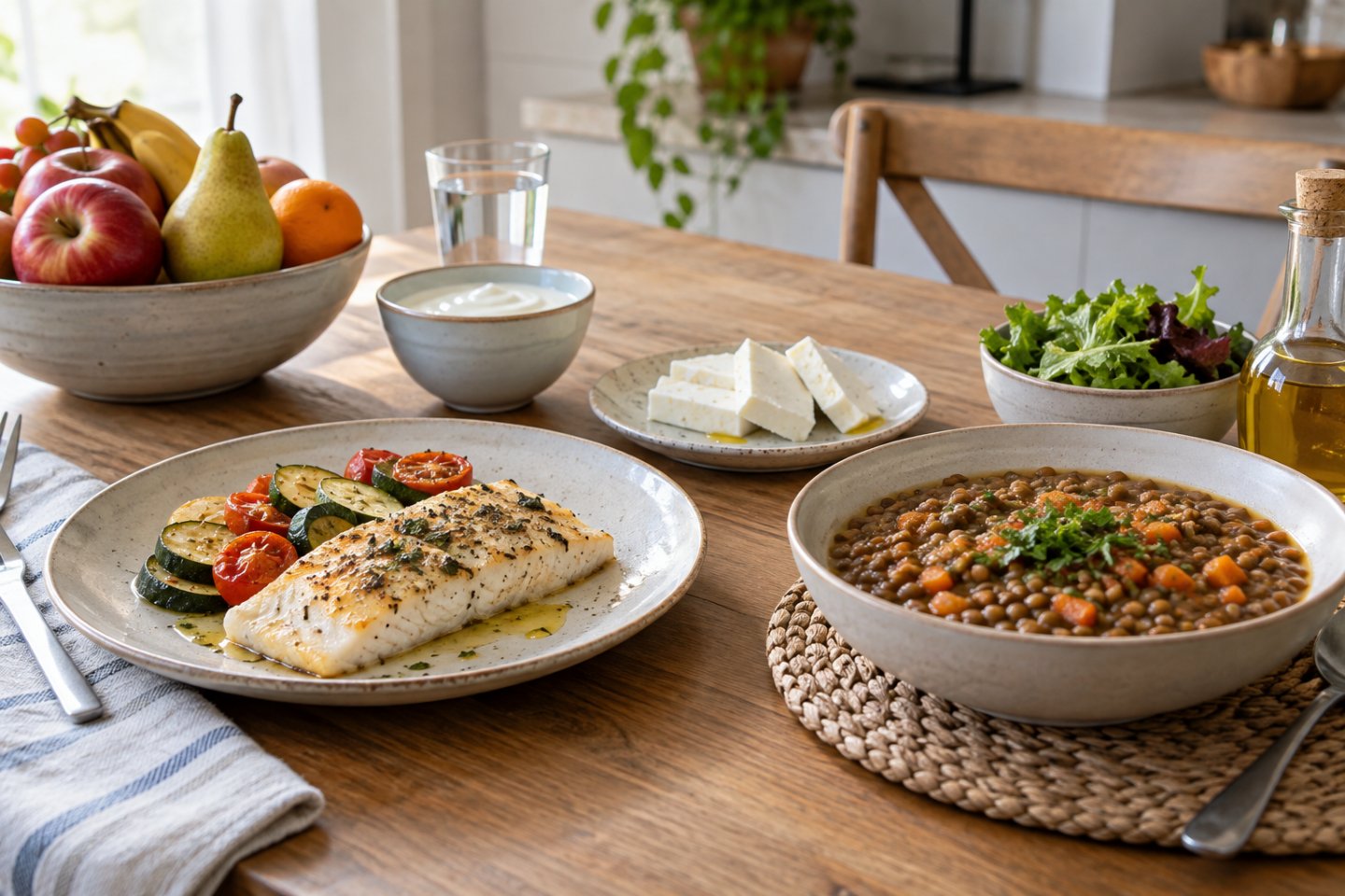 Mesa con comida sencilla y segura: pescado cocinado, fruta lavada, lácteos y legumbre
