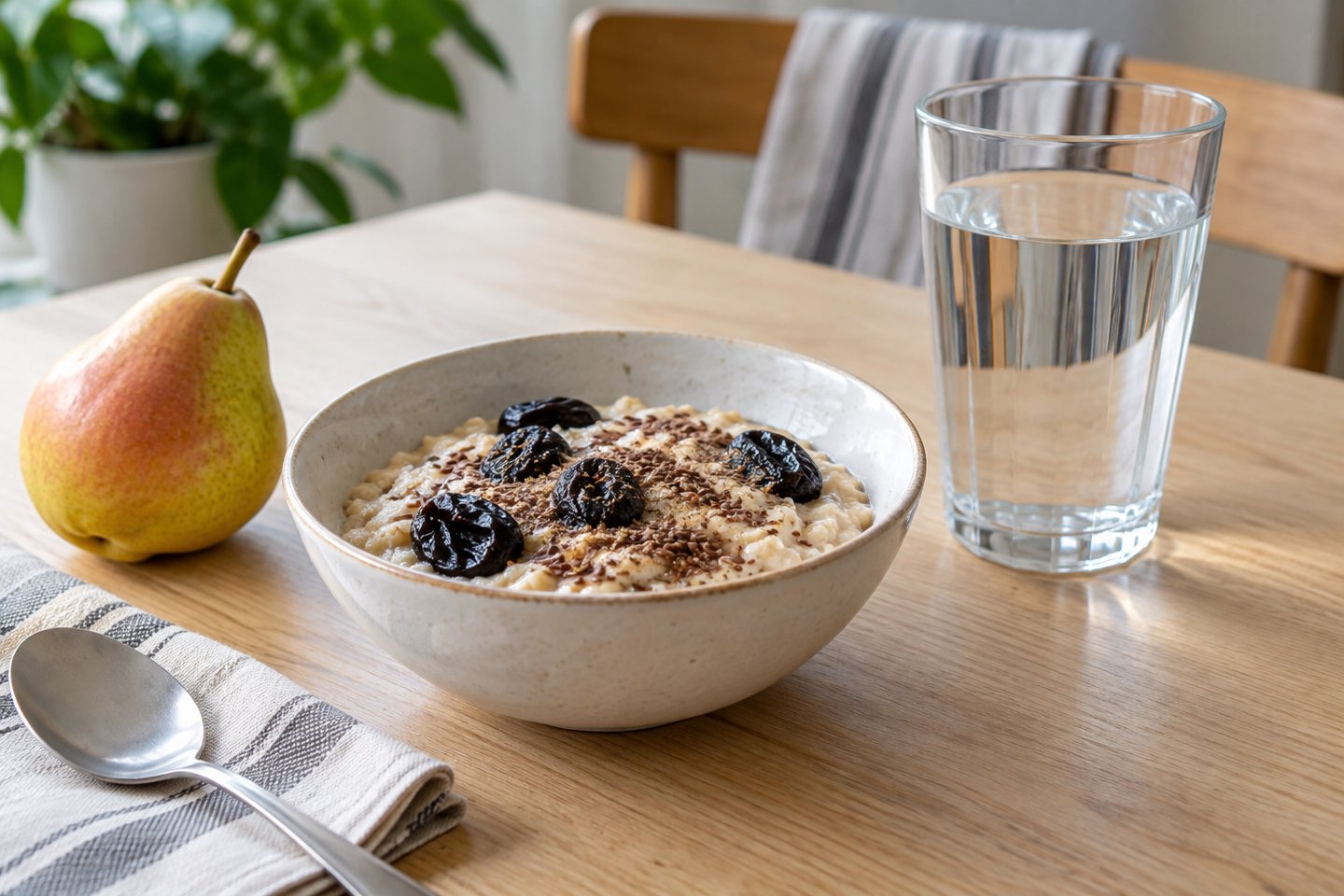 Desayuno con avena, ciruelas pasas, semillas de lino y un vaso grande de agua