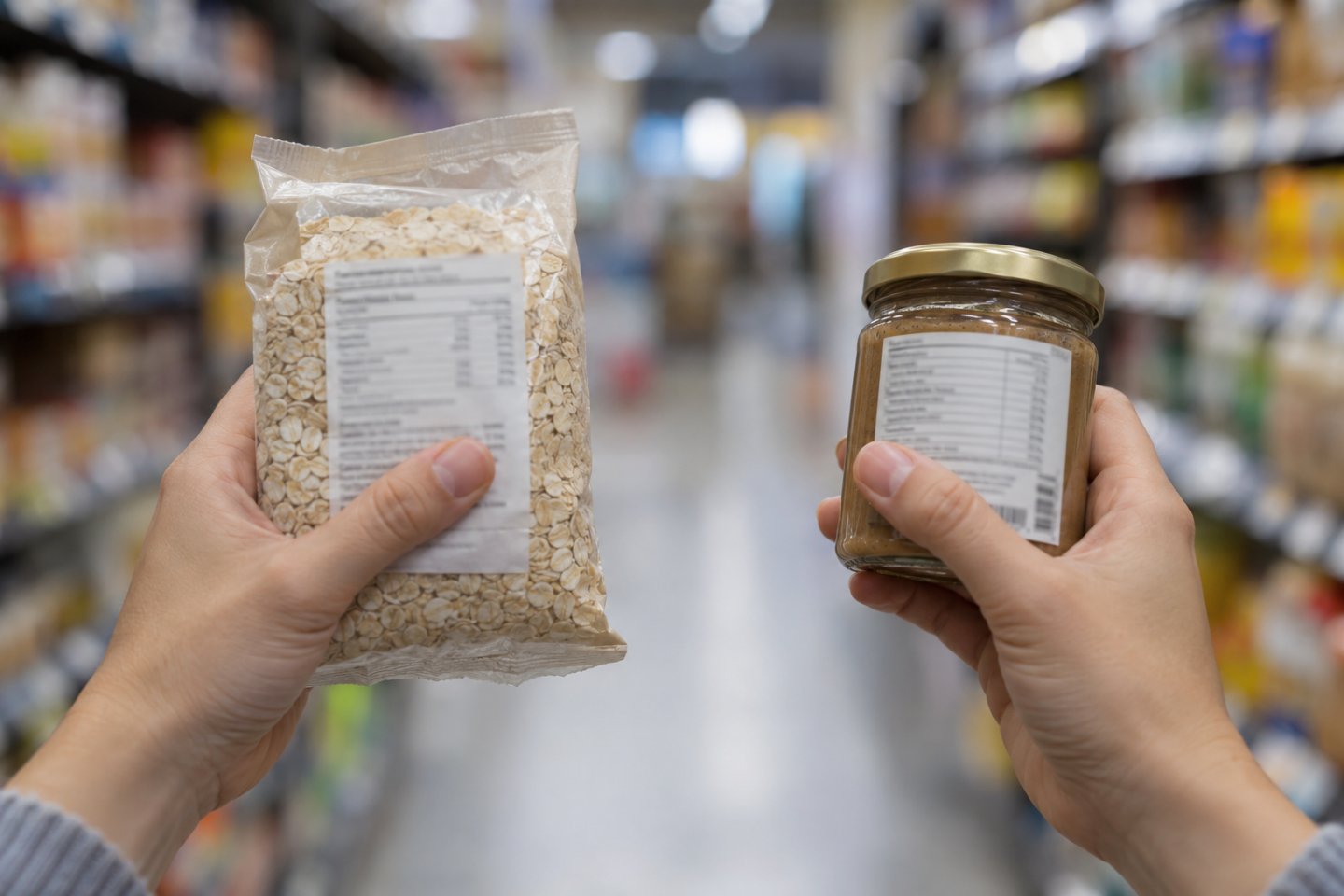 Manos sosteniendo dos envases girados por la parte de atrás, delante de una estantería de supermercado
