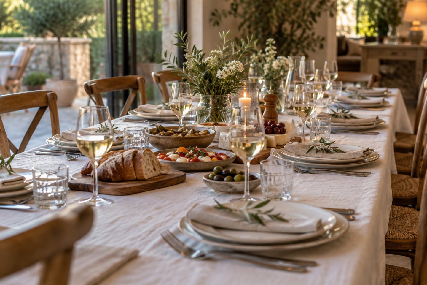 Mesa larga de celebración puesta, con copas, platos y fuentes de comida