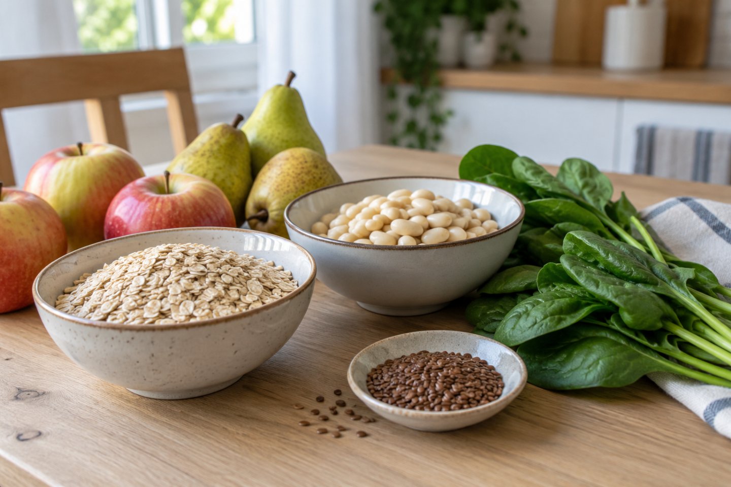 Cuencos con avena, legumbre, fruta con piel y verdura de hoja