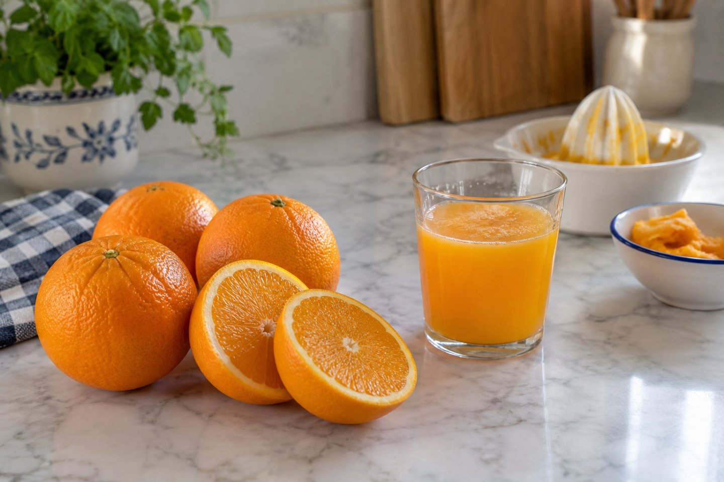 Tres naranjas enteras junto a un vaso de zumo