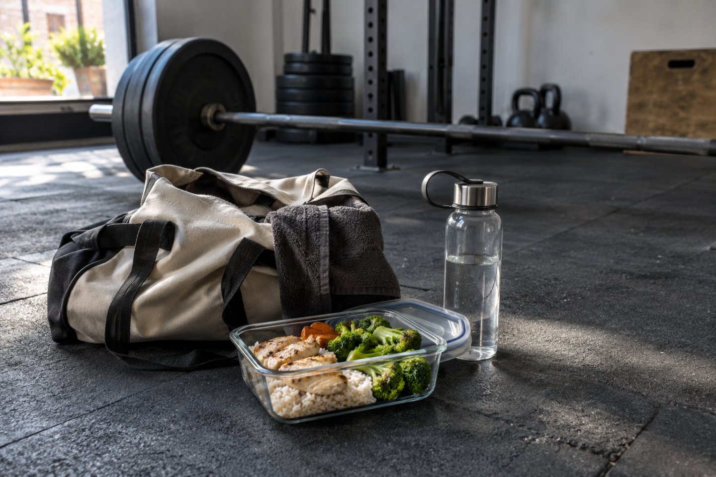 Barra y discos apoyados en el suelo de un gimnasio, con una comida preparada al lado