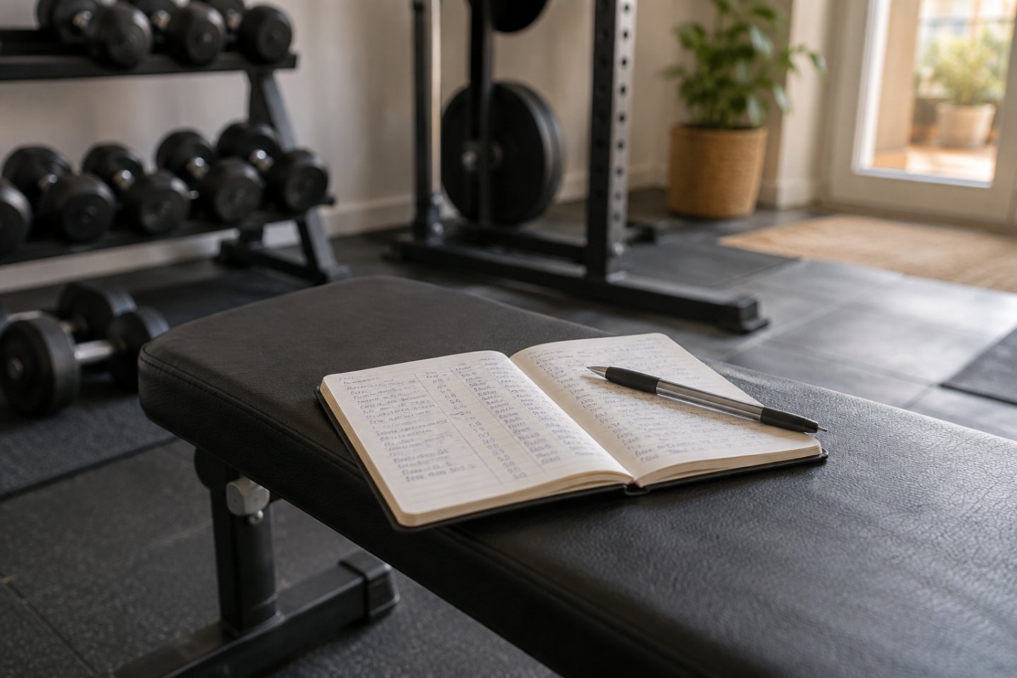 Cuaderno de entrenamiento anotado a mano sobre un banco de gimnasio