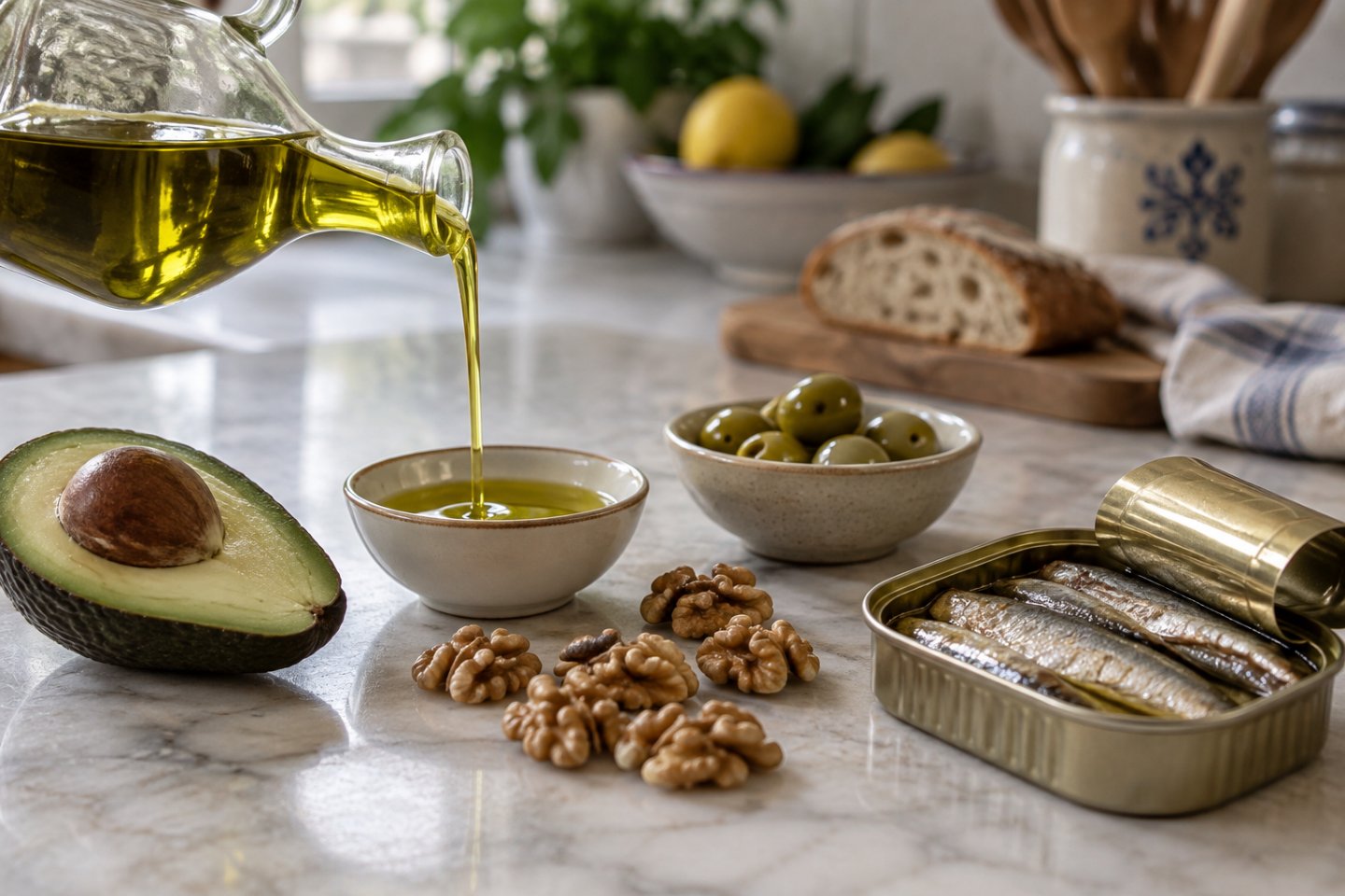 Aceitera de aceite de oliva virgen extra, aguacate abierto, nueces, aceitunas y sardinas en lata