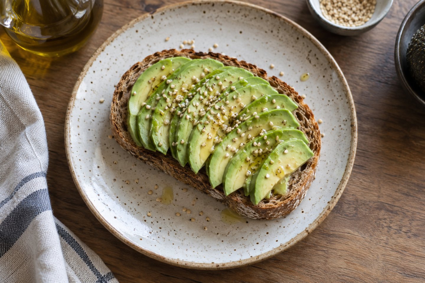 Tostada de pan integral con aguacate, aceite de oliva y semillas