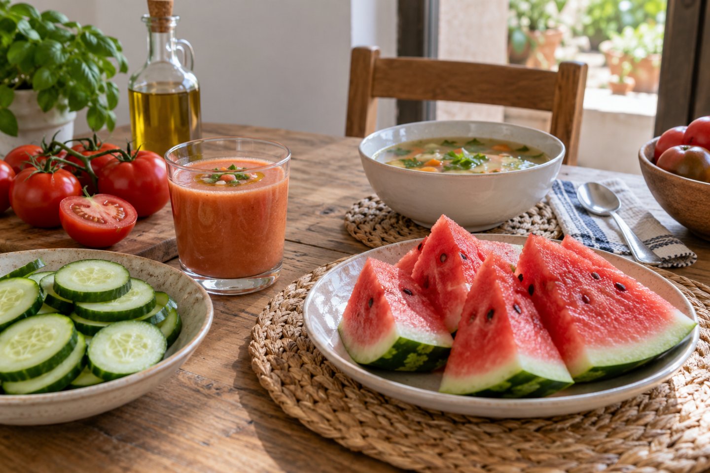Sandía, pepino, tomate, gazpacho y caldo sobre una mesa