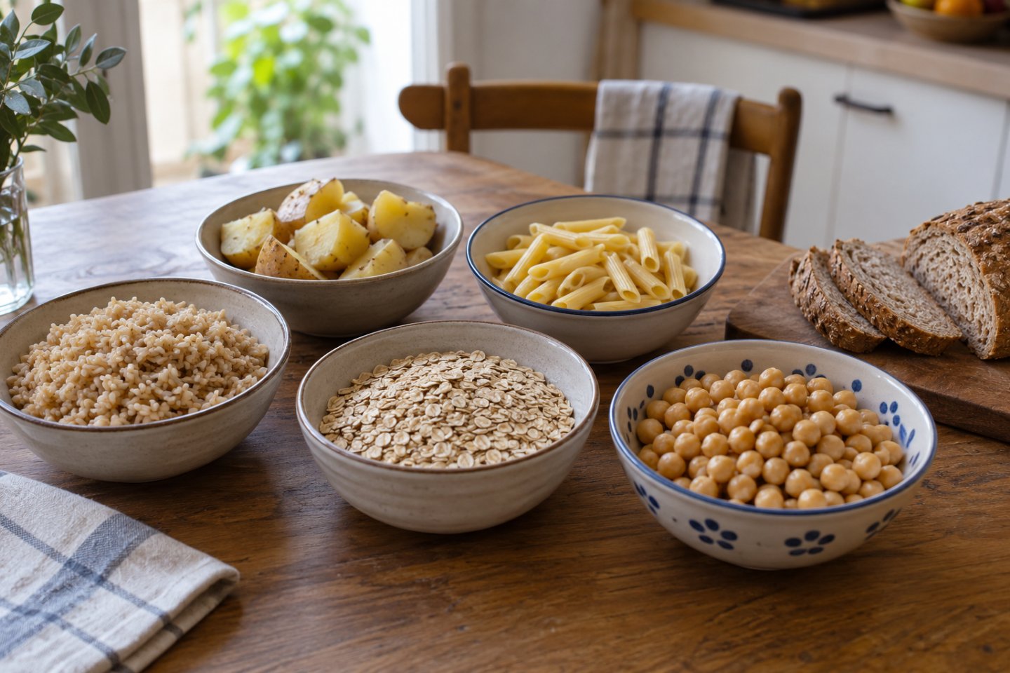 Cuencos con arroz integral, patata cocida, pasta, avena y legumbre sobre una mesa