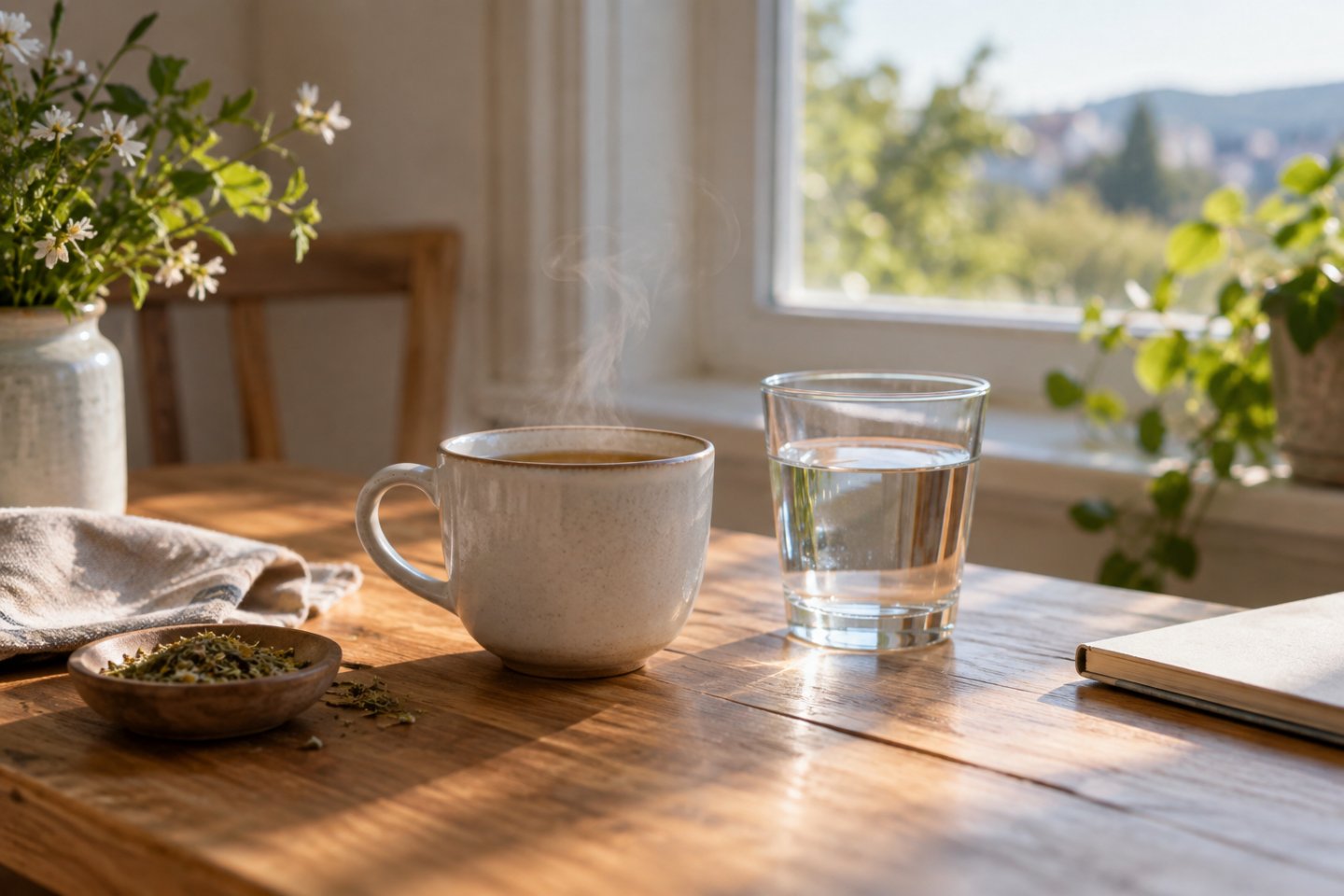 Taza de infusión y un vaso de agua sobre una mesa tranquila, junto a una ventana