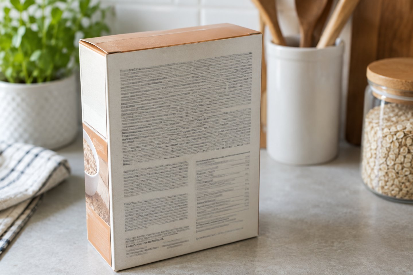 Envase girado del revés bajo la luz de una cocina, con la lista de ingredientes visible pero sin marca