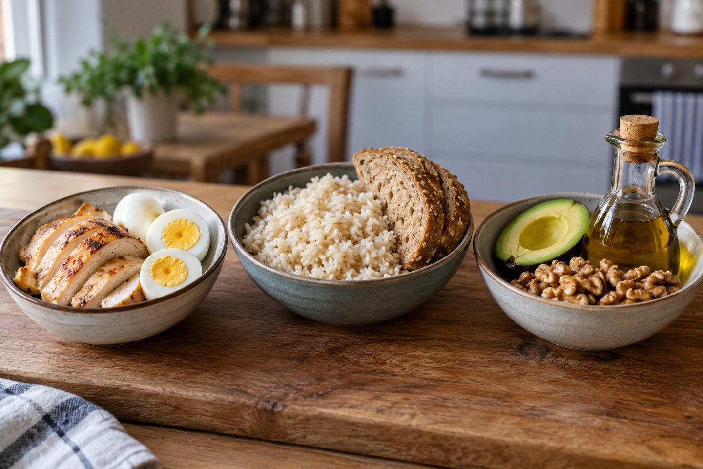 Tres cuencos juntos sobre una mesa: uno con pechuga y huevos, otro con arroz y pan, otro con aguacate, nueces y aceite