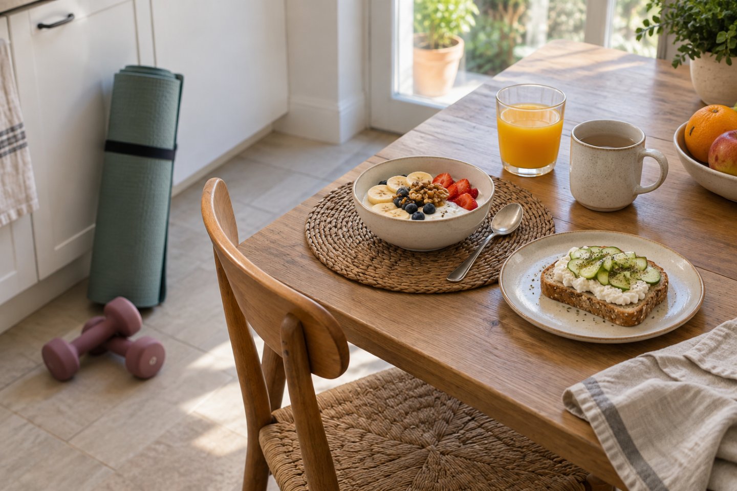 Mesa de cocina con un desayuno con proteína y, al lado, unas mancuernas ligeras