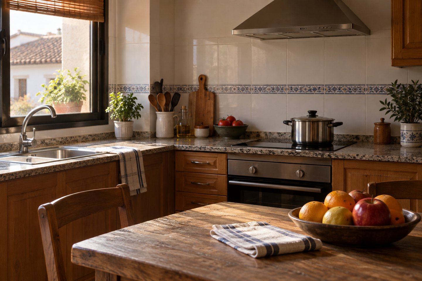 Cocina de casa a media tarde, tranquila, con la comida del día ya hecha