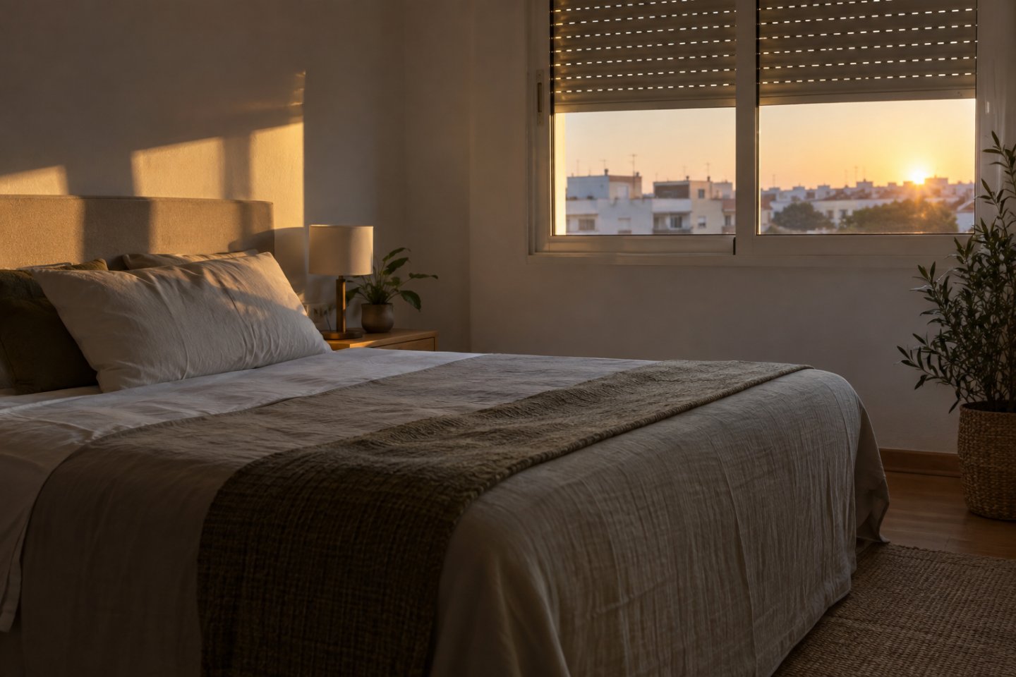 Dormitorio en penumbra con la cama hecha y luz suave de amanecer