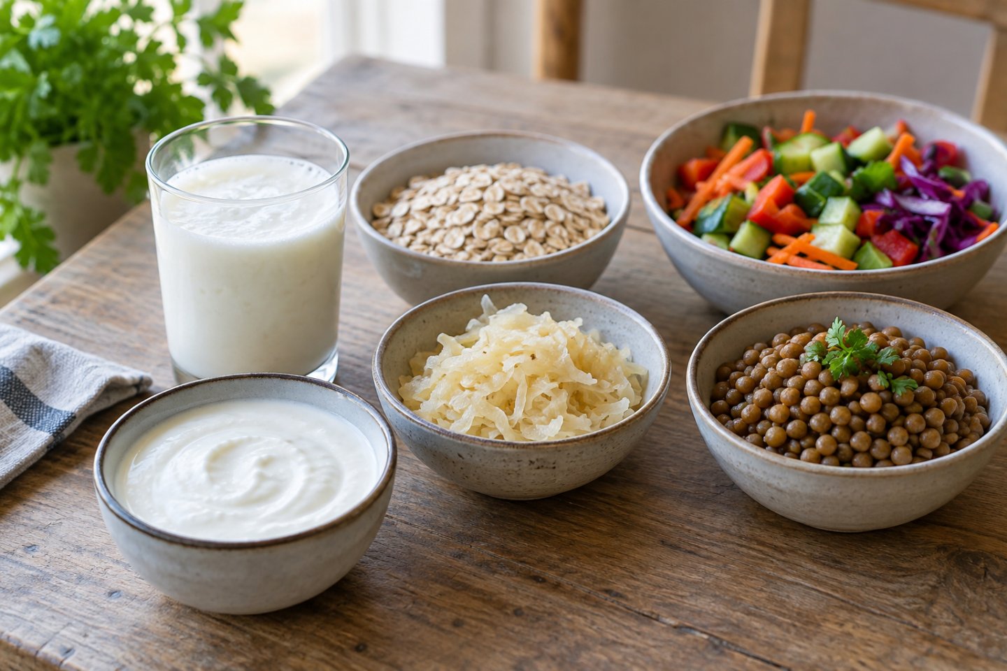 Cuencos con yogur, kéfir, chucrut, legumbre y verdura variada sobre una mesa