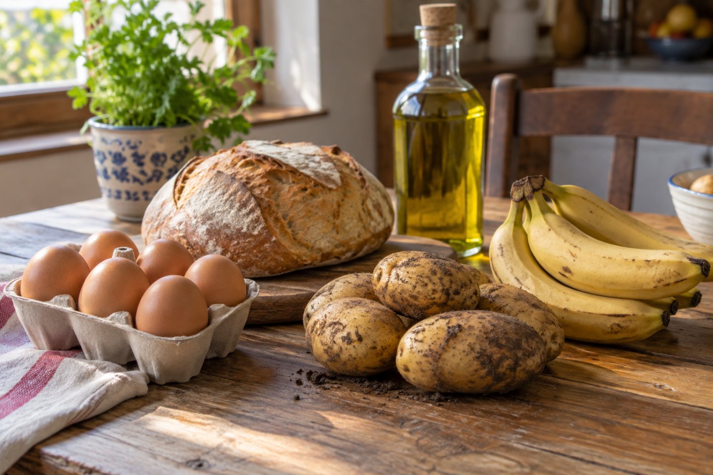 Huevos, patatas, pan, plátanos y aceite de oliva juntos sobre una mesa