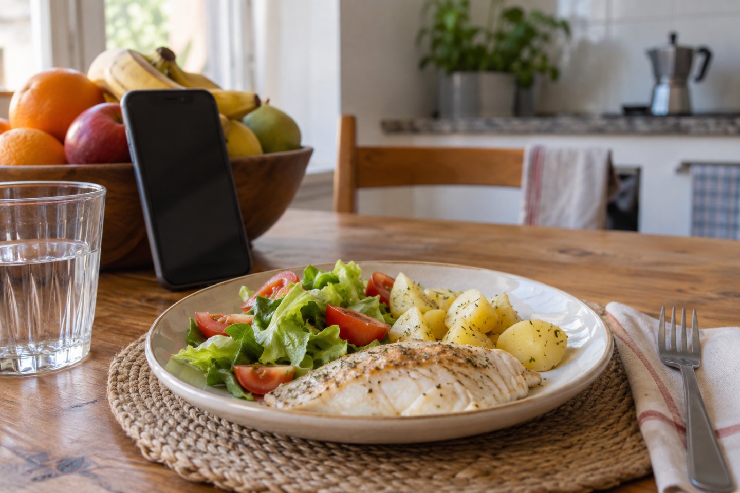 Móvil apoyado en una mesa junto a comida real, con la pantalla apagada
