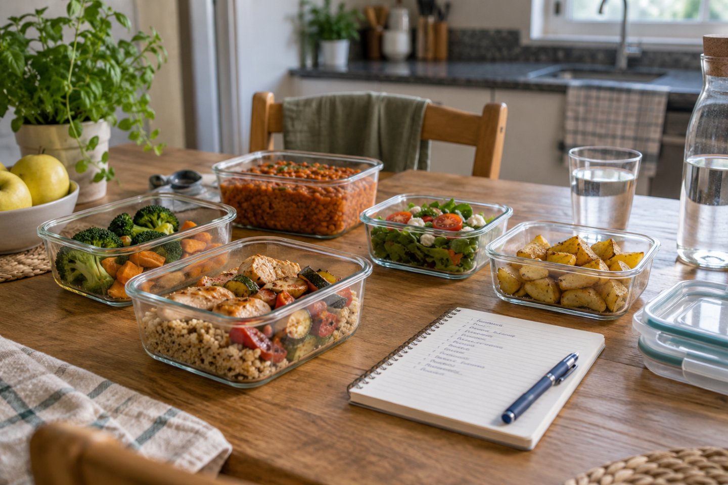 Mesa de cocina con la comida de la semana preparada en táperes y una lista escrita a mano