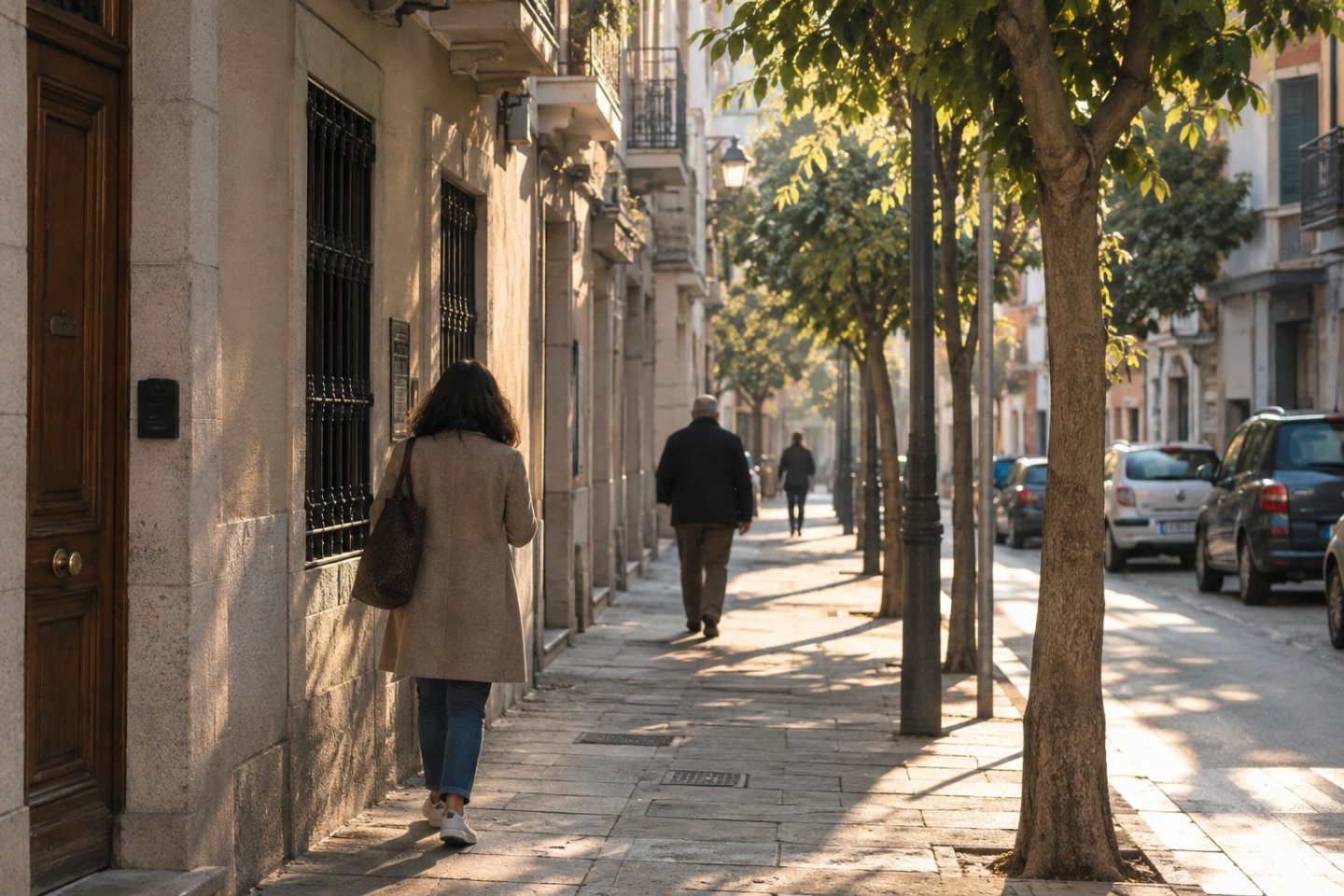 Calle de barrio a primera hora con gente caminando