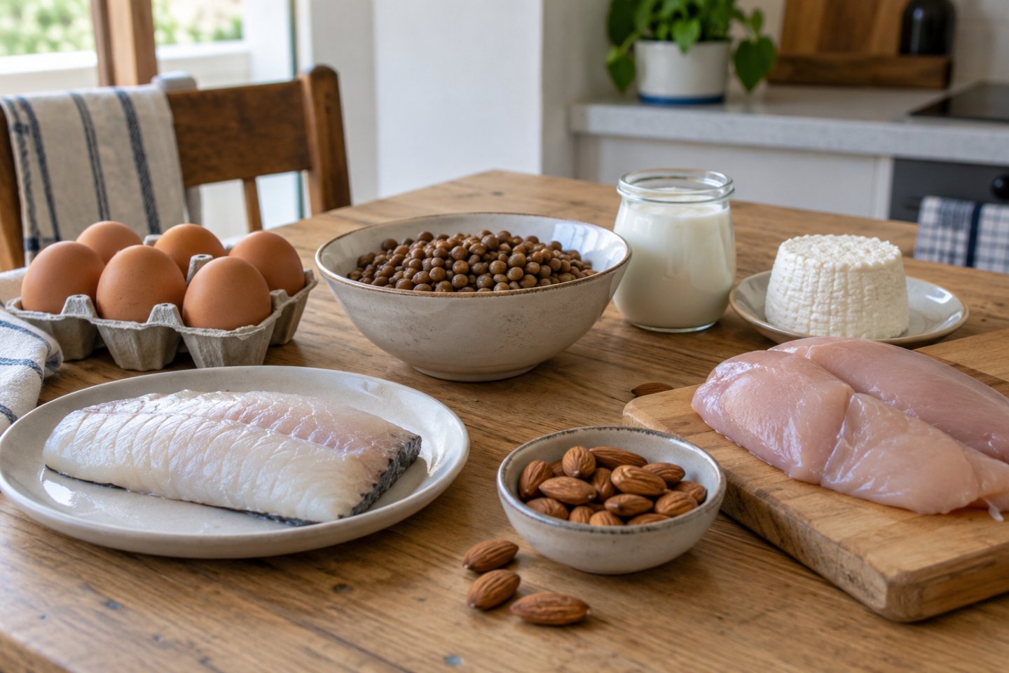 Mesa con varias fuentes de proteína juntas: huevos, pescado, legumbre cocida, yogur, queso fresco y pollo