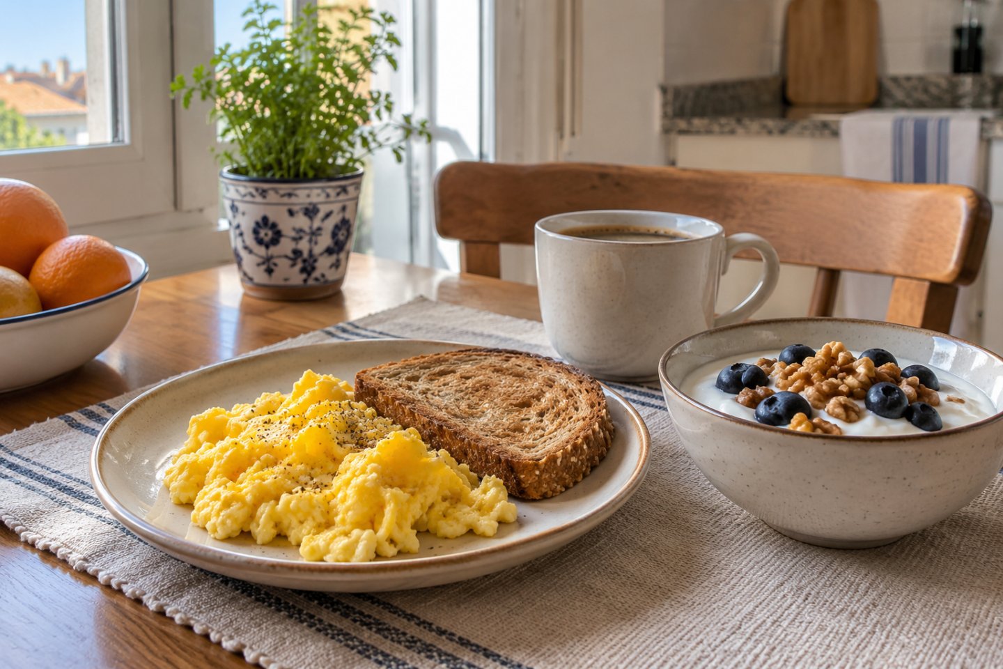 Desayuno con huevos revueltos, tostada integral y yogur con fruta