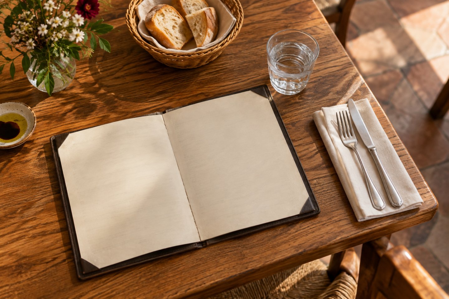 Mesa de restaurante con una carta abierta, un vaso de agua y una cesta de pan