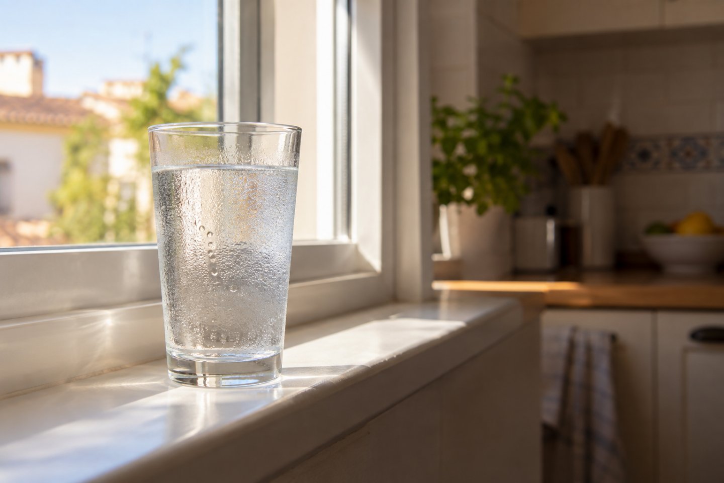 Vaso de agua junto a una ventana por la mañana