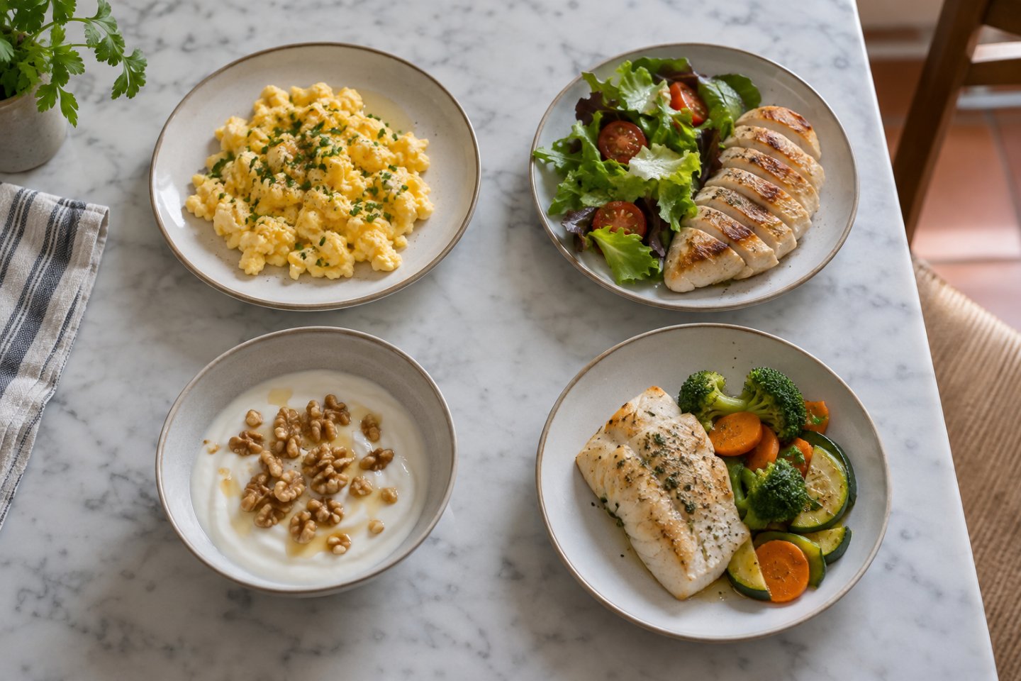Cuatro comidas del día servidas, cada una con su fuente de proteína