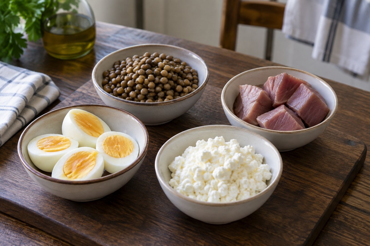 Cuencos con huevos, lácteos, legumbre y pescado, las fuentes con más leucina