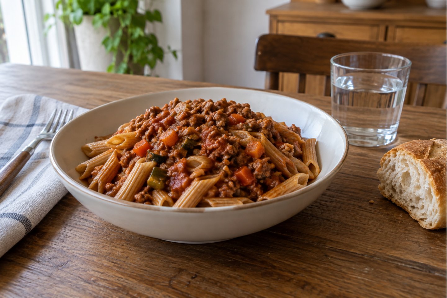 Plato abundante de pasta con carne y verdura, servido en casa