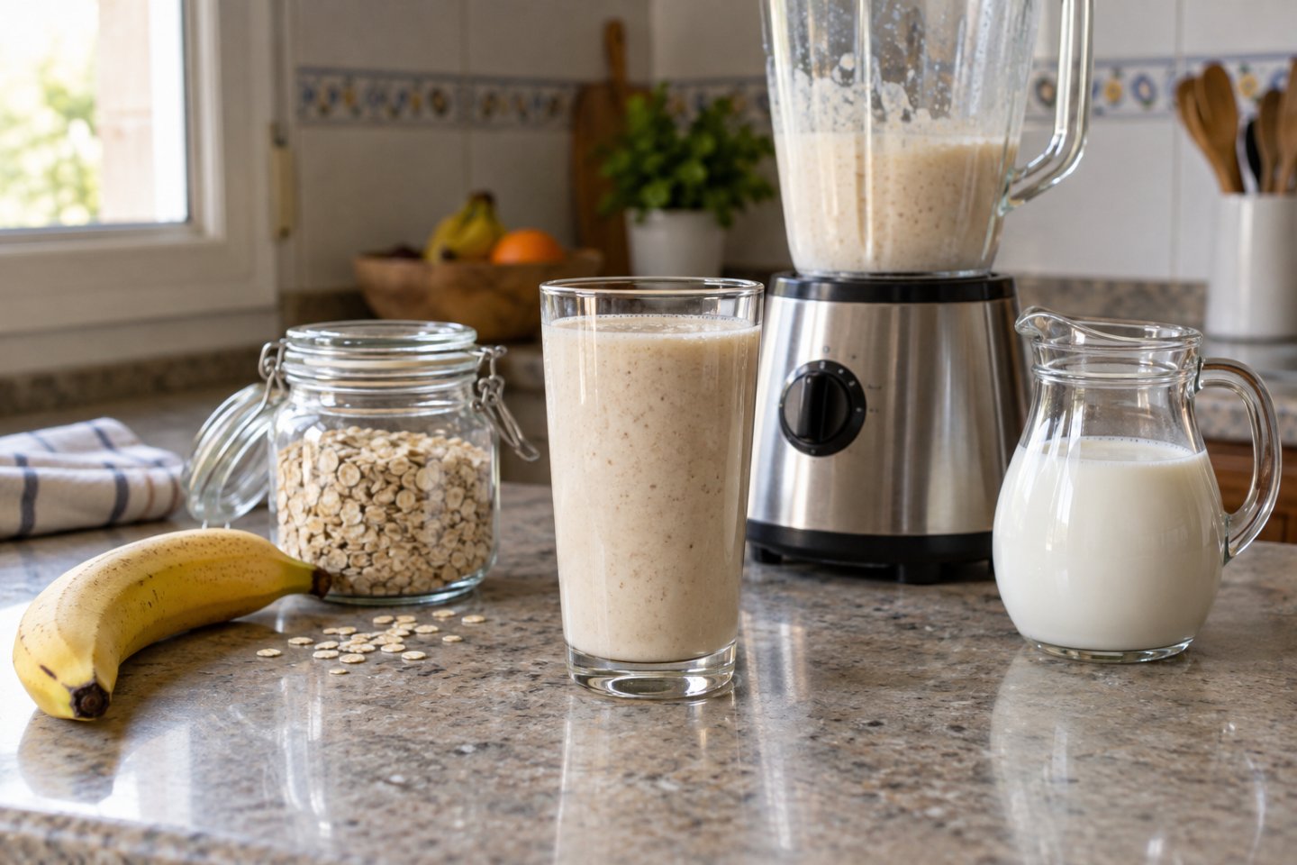 Batido casero de avena, plátano y leche junto a la batidora