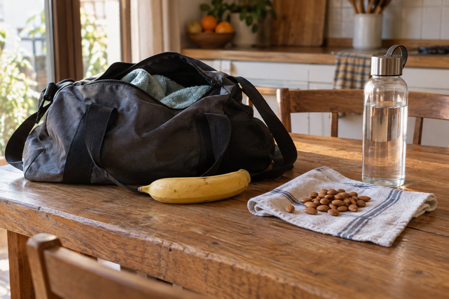 Plátano y un puñado de frutos secos junto a una bolsa de deporte
