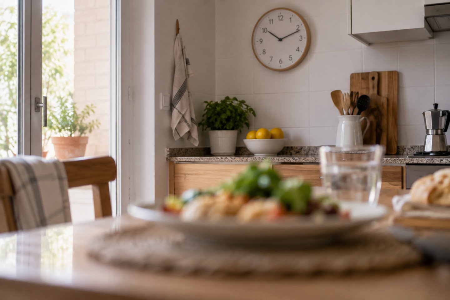 Reloj de pared de cocina junto a una mesa con comida servida