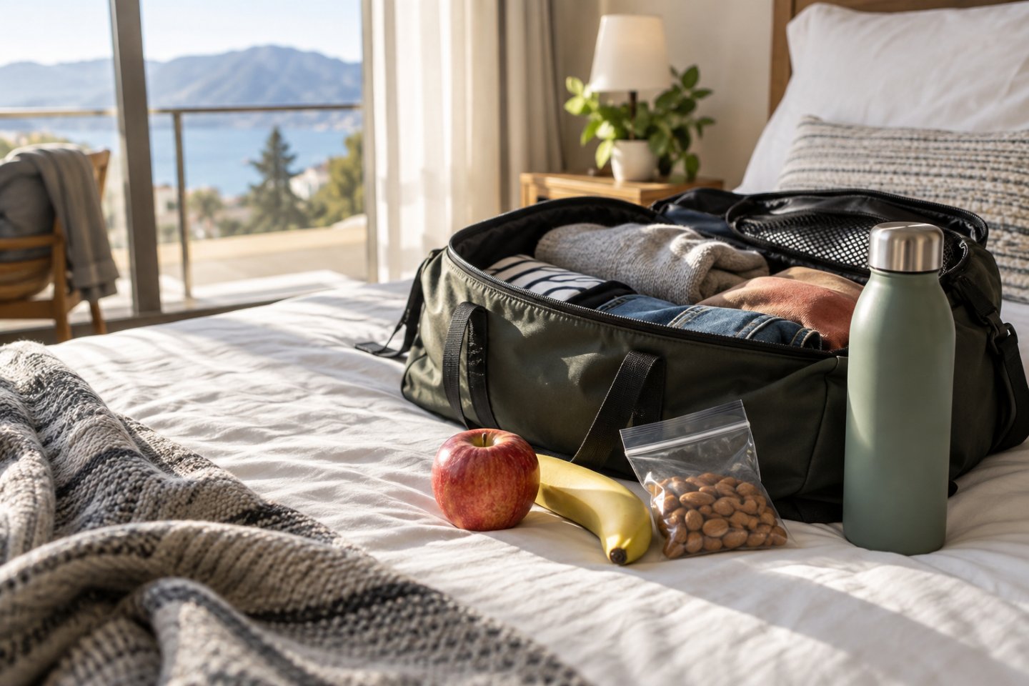 Bolsa de viaje abierta sobre una cama con fruta, frutos secos y una botella de agua encima